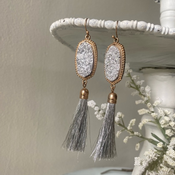 Silver Druzy Tassel Dangle Earrings - Picture 7 of 14